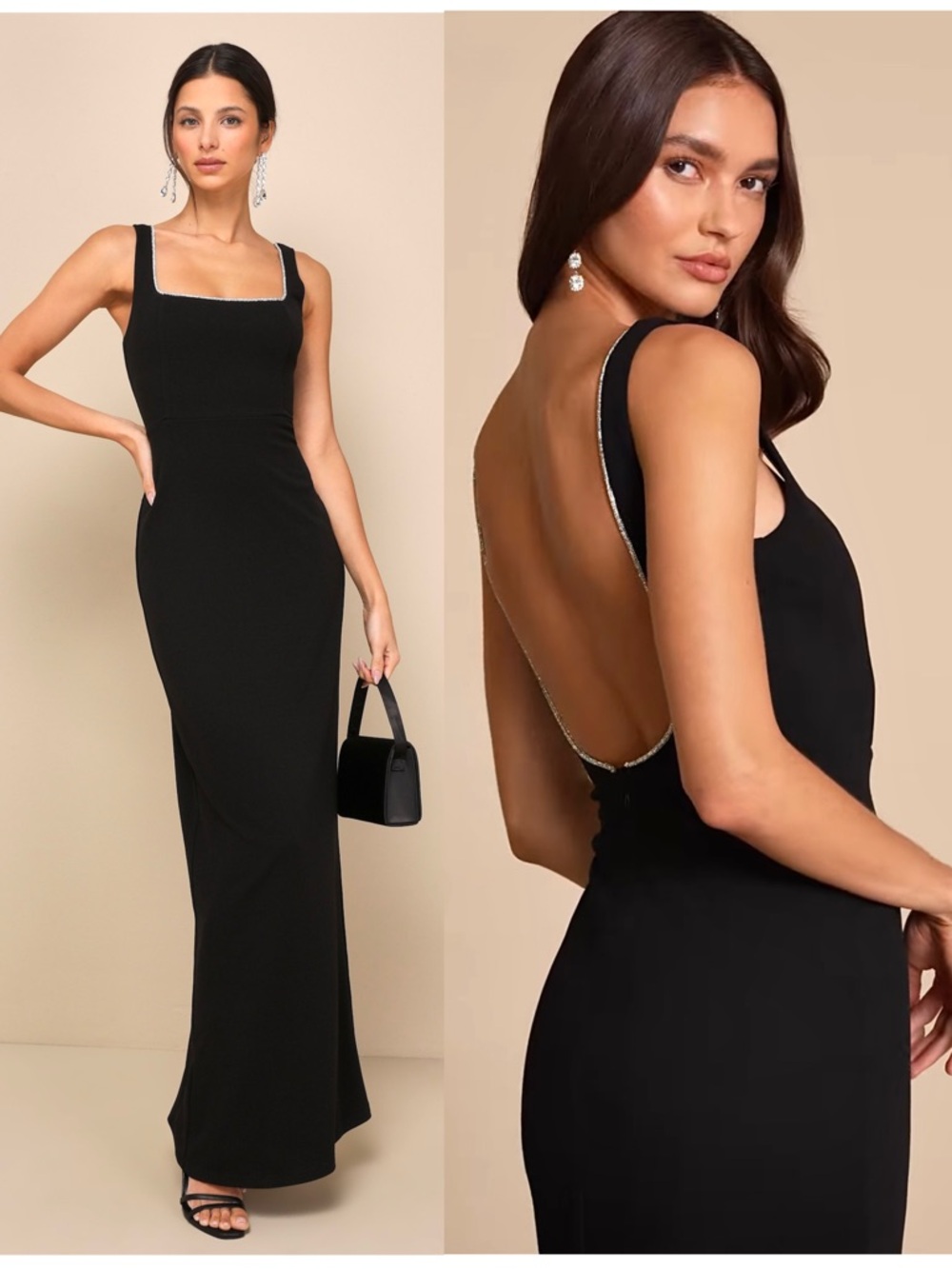 LULUS Rhinestone Trim Square Neck Backless Old Money Wedding Guest Formal Gown S